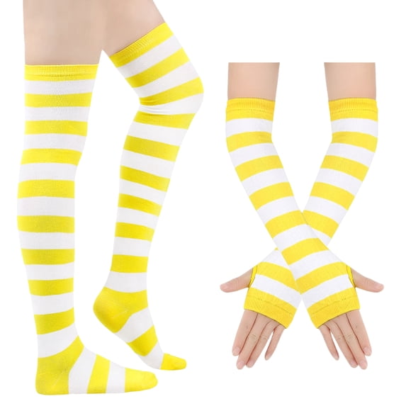 Dweltoz Striped Thigh High Socks for Women Extra Long Stockings with Fingerless Arm Warmer Halloween Christmas Cosplay Knitted Set
