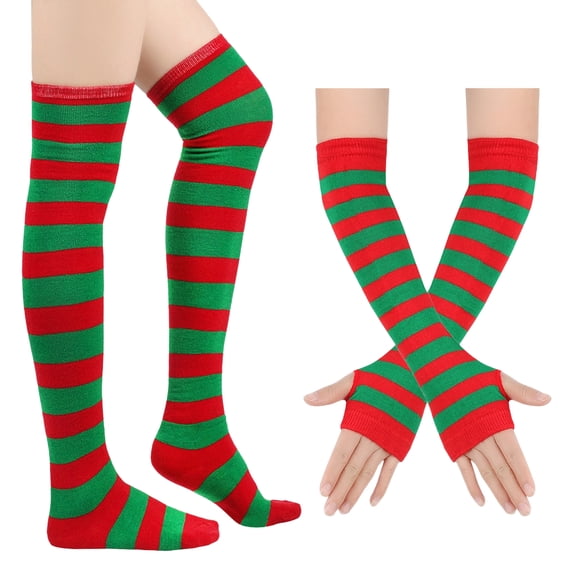 Dweltoz Striped Thigh High Socks for Women Extra Long Stockings with Fingerless Arm Warmer Halloween Christmas Cosplay Knitted Set