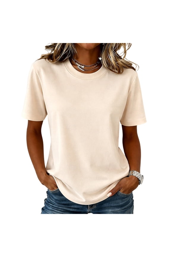 T Shirts for Women Short Sleeve Crewneck Oversized Basic Tees Drop Shoulder Beach Casual Solid Trendy Blouses,Beige 2XL