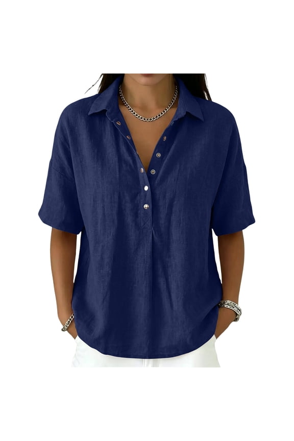 Tops for Women Collared Elbow Half Sleeve Lightweigth Casual Tops V Neck Solid Athletic Shirts,Navy 2XL