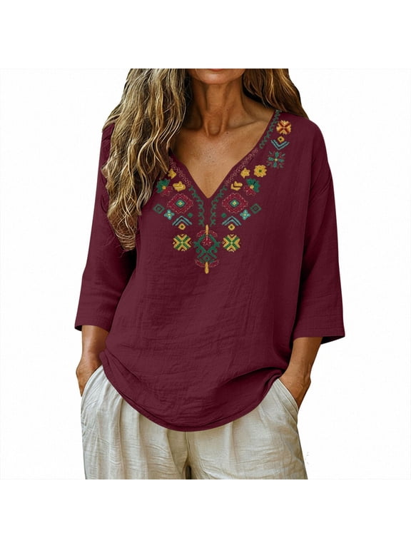 Traditional Floral Embroidered Tops for Women 3/4 Sleeve Bohemian Mexican Traditional Tops Blouse V Neck Loose Shirt,Wine XL