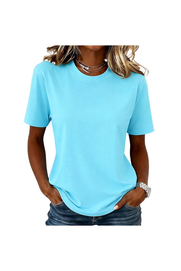 Tshirts for Women Short Sleeve Crewneck Loose Fit Basic Tee Tops Drop Shoulder Summer Casual Solid Trendy Tshirt,Cyan M
