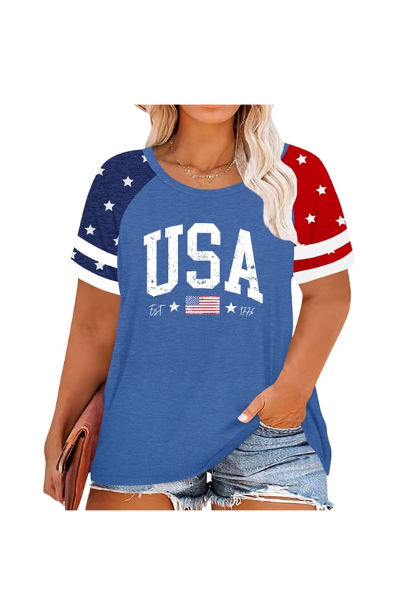 Usa Shirt Women Oversize American Flag Plus Size Shirts L-5xl Crew Neck Short Sleeve 4th Of July Oversized Tunics Tops Casual Loose Trendy Blouse Shirt,Blue 5XL