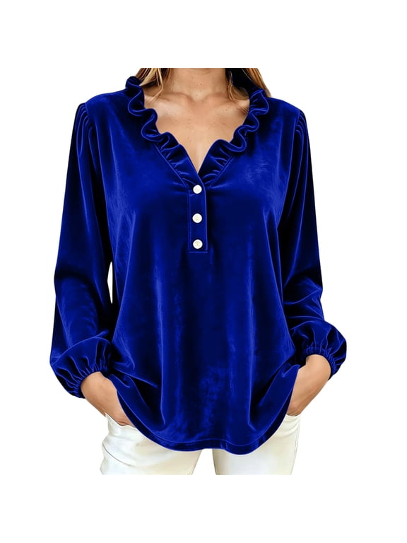Velvet Blouses for Women Long Sleeve V Neck Button Down Shirts Ruffle Elegant Vintage Party Tops,Dark Blue 2XL