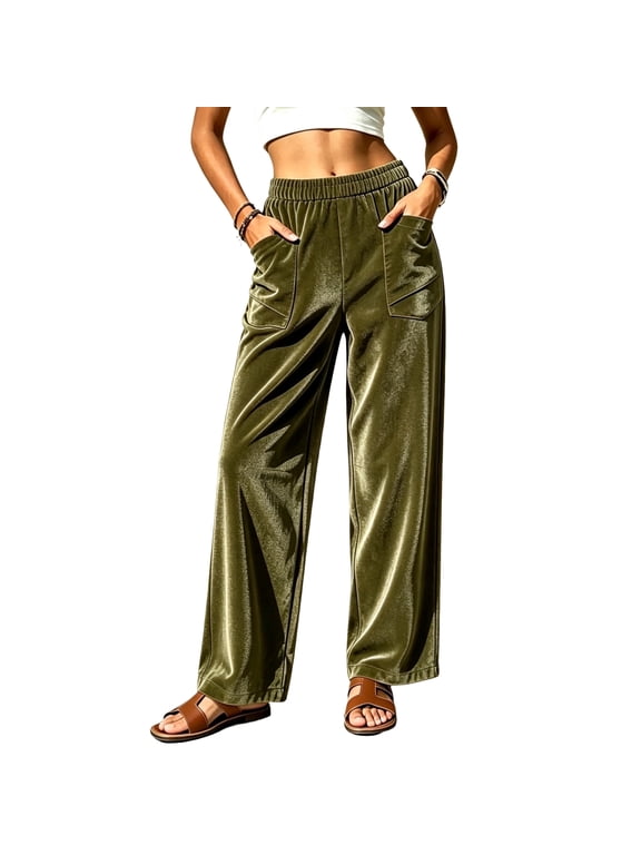 Velvet Pants for Women with Pockets Soft Dressy Casual Elastic Waist Warm Velour Lounge Pant Formal Slacks,Army Green L