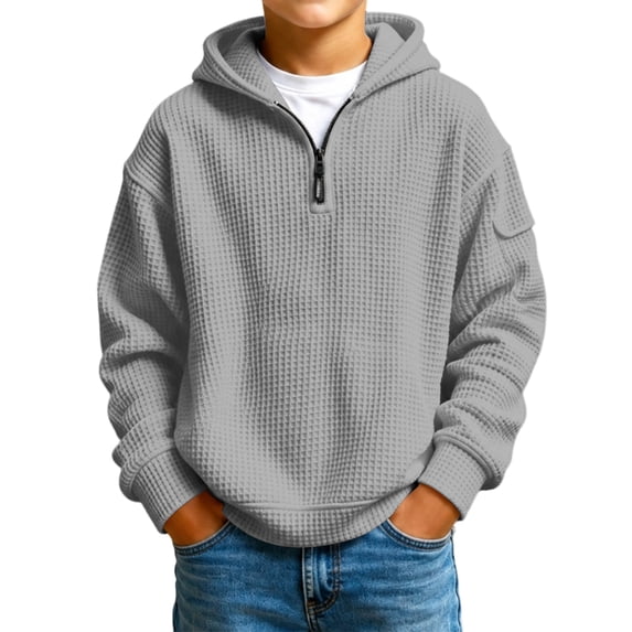 Dweltoz Waffle Knit Hoodies for Boy Half Zip Hooded Sweatshirt Casual Long Sleeve Pullover Comfortable Loose Tops Back to School Clothes 2026 Fall Winter Athletic Hoodies,Light Gray 5-6 Years