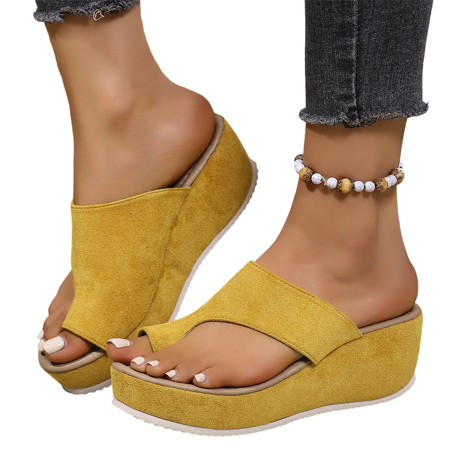 Wedge Sandals for Women Open Toe Slip-On Bunion Flip Flops Comfortable Sandals Summer Casual Light Weight Footwear,Yellow 39