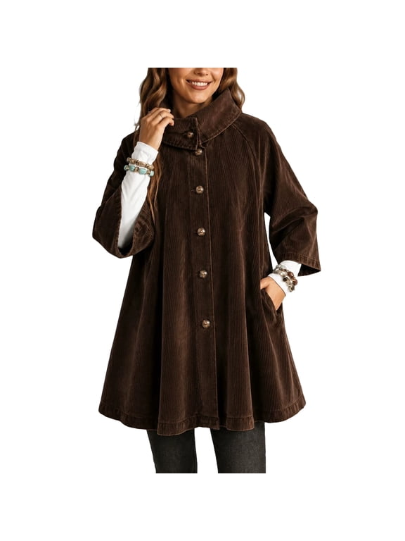 Women Corduroy Swing Shirt Coat Stand Collared 3/4 Sleeve Button Down Casual Jacket 2026 Fall Winter Loose A Line Outerwear Shacket with Side Pockets,Coffee M