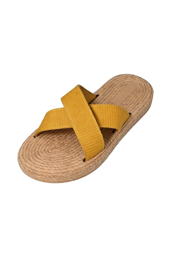 Women Crisscross Flat Sandals Slip on Non Slip Linen Grass Comfortable Slippers Soft Sole Summer Beach Lightweight Open Toe Shoes,Yellow 36
