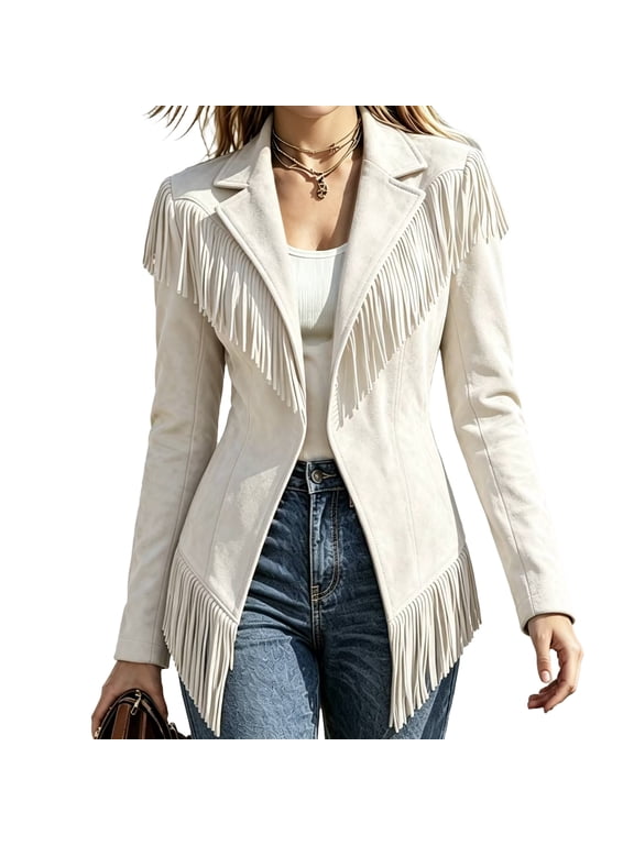 Women Faux Suede Fringe Jacket Western Cowgirl Lapel Blazer Long Sleeve Tassel Vintage Hippie Outer Coat Country Concert Fall Casual Open Front Outfit,White 2XL