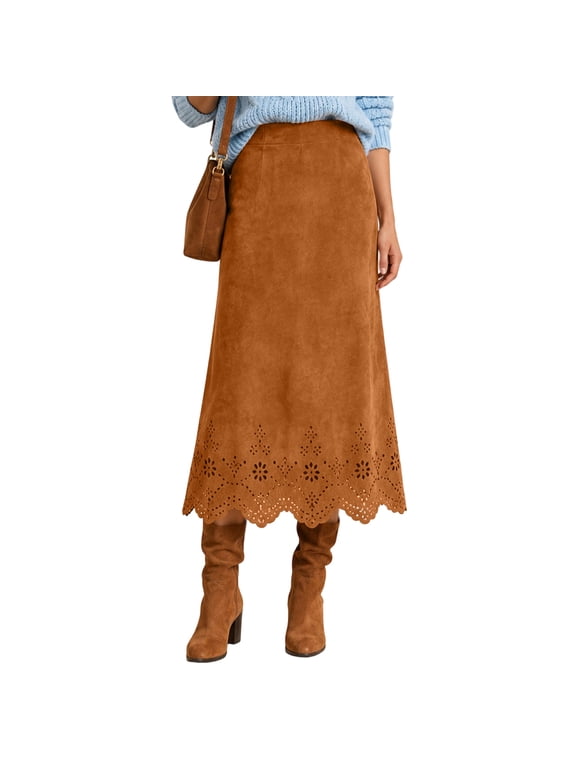 Women Faux Suede Midi Skirt High Waist A Line Scalloped Hem Vintage Long Skirt Boho Western Cowgirl Hollow Out Eyelet Maxi Skirt 2026 Fall Winter Casual Party Wrapped Outfits,Light Brown XL