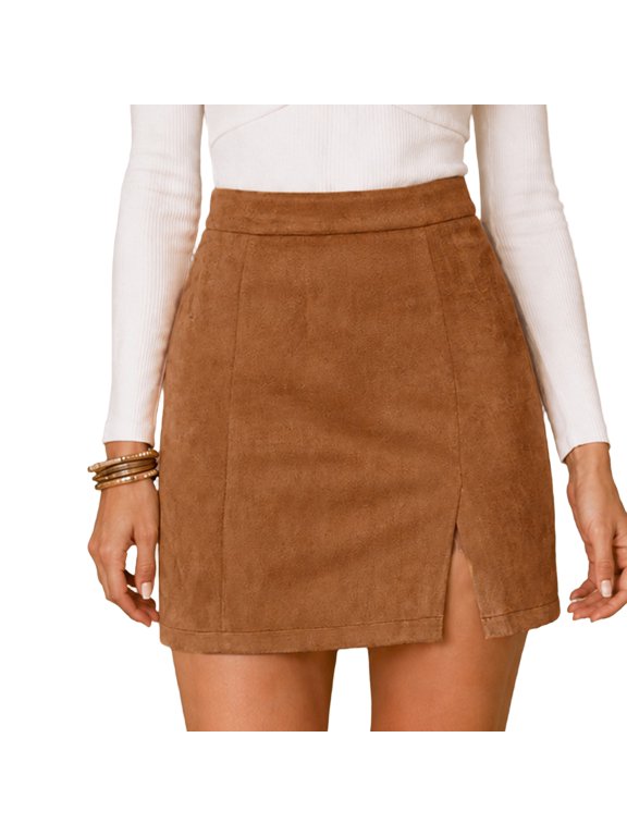 Women Faux Suede Mini Skirt High 2026 Fall Waist Side Split Bodycon Skirt Back Zip Slim Short Skirts Party Date Night Casual Wrapped Work Outfits,Khaki XL