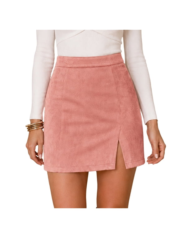 Women Faux Suede Mini Skirt High 2026 Fall Waist Side Split Bodycon Skirt Back Zip Slim Short Skirts Party Date Night Casual Wrapped Work Outfits,Pink XL