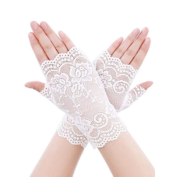 Dweltoz Women Fingerless Lace Wrist Gloves Floral Sheer Lace Sunblock Gloves Vintage Bridal Cosplay Halloween Tea Party Gloves,White