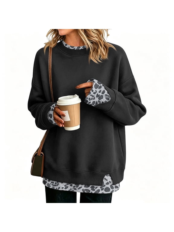 Women Layered Crew Neck Sweatshirt Oversized Long Sleeve Pullover Tops Leopard Print Trim Tunic Sweater 2026 Fall Casual Loose Fit Drop Shoulder Lounge Teacher Outfits,Black XL