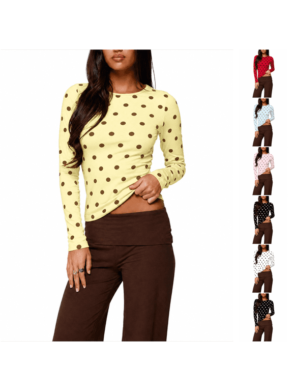 Women Long Sleeve Polka Dot Shirt Y2k Crewneck Slim Fit Crop Top
