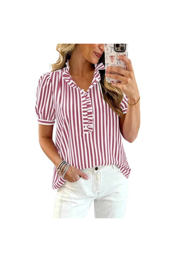 Women Plaid Shirt Button Down Short Puff Sleeve Casual Checkered Tops Dressy Business Gingham Dress Shirts,Watermelon Red M