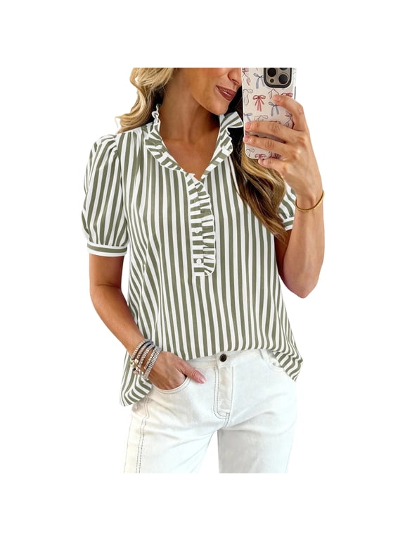 Women Plaid Shirt Button Down Short Puff Sleeve Casual Top Dressy Business Gingham Shirts,Army Green XL