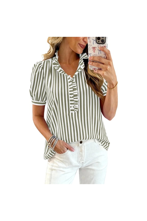Women Plaid Shirt Ruffle V Neck Short Puff Sleeve Casual Tops Dressy Business Gingham Dress Shirts,Army Green M