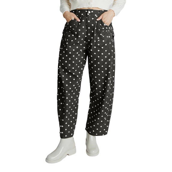 Dweltoz Women Polka Dot Barrel Pants High Waist Button Y2K Baggy Trousers Vintage Casual Tapered Cropped Pants with Flap Pockets,Black XL