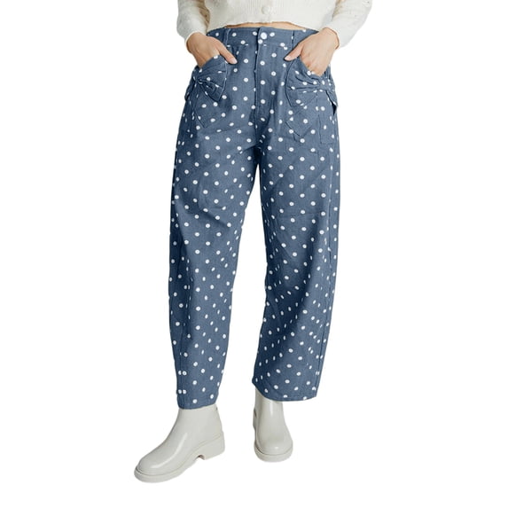 Dweltoz Women Polka Dot Barrel Pants High Waist Button Y2K Baggy Trousers Vintage Casual Tapered Cropped Pants with Flap Pockets,Blue M