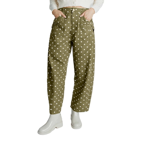 Dweltoz Women Polka Dot Barrel Pants High Waist Button Y2K Baggy Trousers Vintage Casual Tapered Cropped Pants with Flap Pockets,Green S