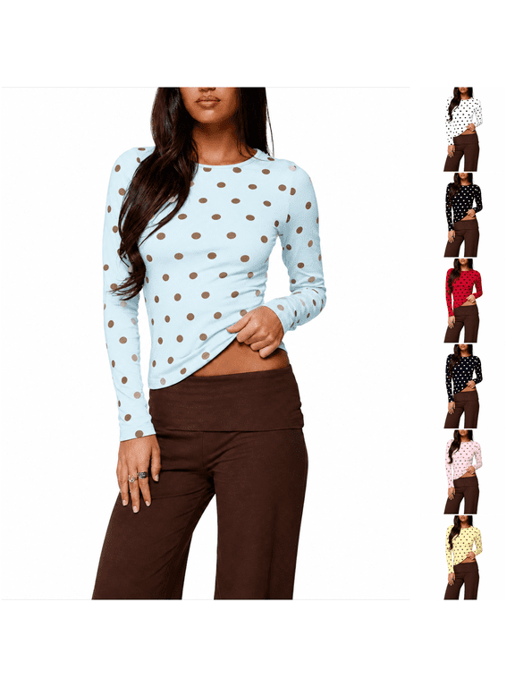 Women Polka Dot Long Sleeve Tops Crew Neck Slim Fit Shirt Tops Underscrub