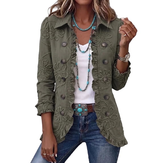 Dweltoz Women Ruffle Trim Lapel Collar Jacket Long Sleeve V Neck Western Vintage Blazer Lightweight Floral Embroidered Tops Business Casual Open Front Cropped Outfits,Army Green L