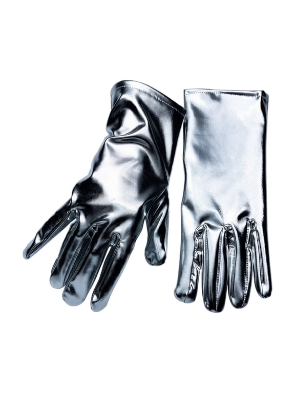 Women Shiny Short Gloves Wrist Length Faux Leather Full Finger Gloves Opera Evening Cosplay Gloves,Silver