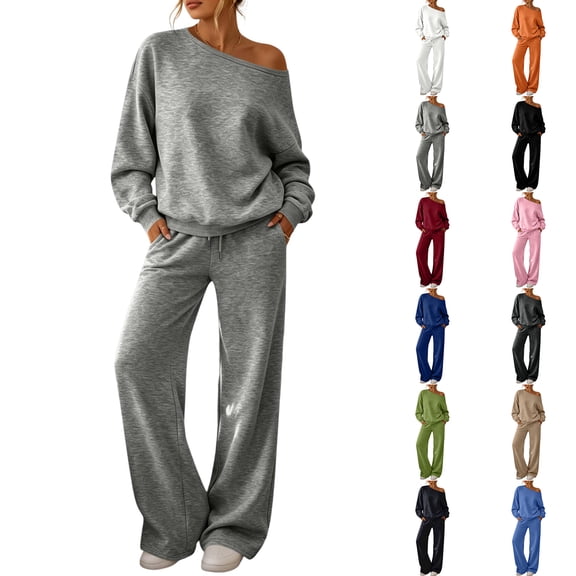 Dweltoz Women Sweatsuits 2 Piece Sweat Set Off the Shoulder Long Sleeve Sweatshirt Wide Leg Pant with Pockets Fall Outfits Matching Lounge Set Casual Trendy Suits,Black 3XL