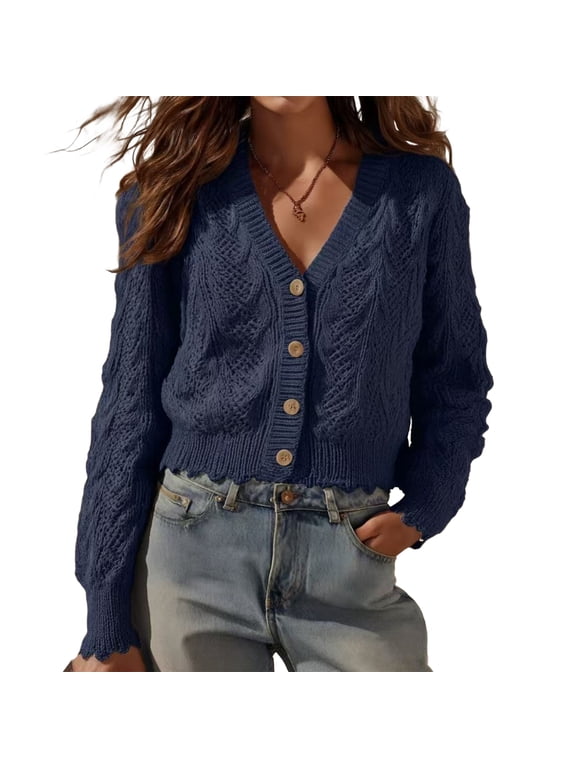 Women V Neck Cropped Cardigan Sweater Button Down Long Sleeve Cable Knit Jacket Casual Loose Fall Crop Daily Outfits,Navy 2XL