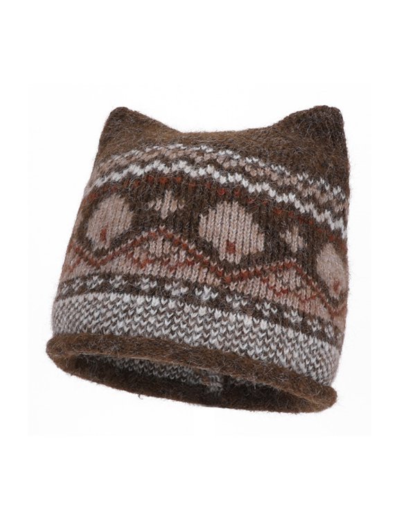 Women Vintage Cat Ear Knit Beanie Fair Isle Geometric Pattern Fall Winter Slouchy Hat Y2K Cute Stretchy Cap Casual Knitted Headwear,Beige