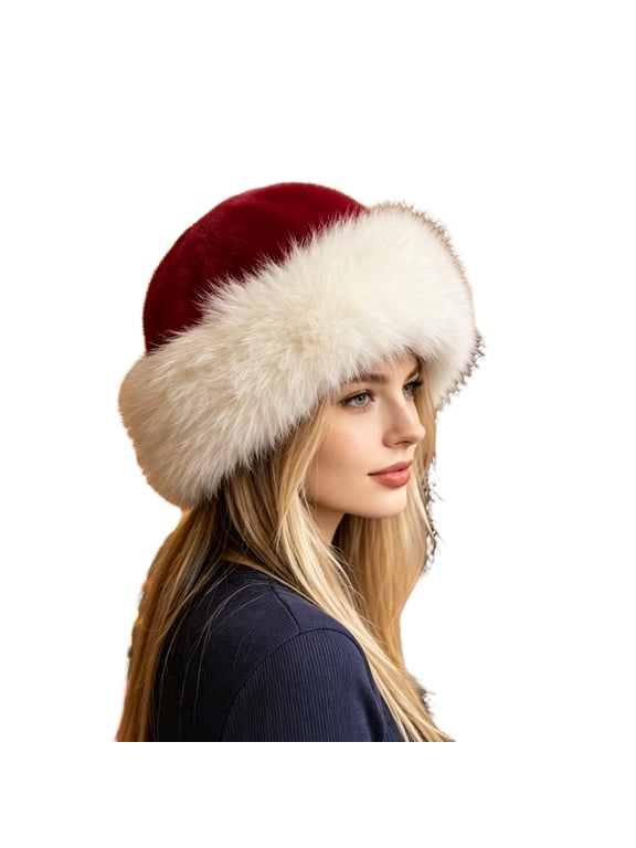 Women Winter Bucket Hat Red Fluffy Fuzzy Trimmed Bucket Cap Classic Classy Warm Fleece Hat Christmas Holiday Party Daily Wear
