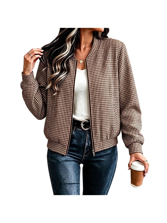 Women Zip Up Bomber Jacket Plaid Long Sleeve Coat with Pockets Classic Baseball Collar Gingham Jacket Fall Loose Fit Lightweight Outerwear Tops with Pockets,Brown M