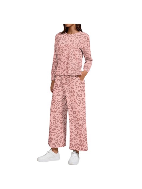 Women's 2 Piece Leopard Print Outfit Set Side Slit Sweatshirt and Pants Long Sleeve Casual Lounge Matching Set,Pink XL