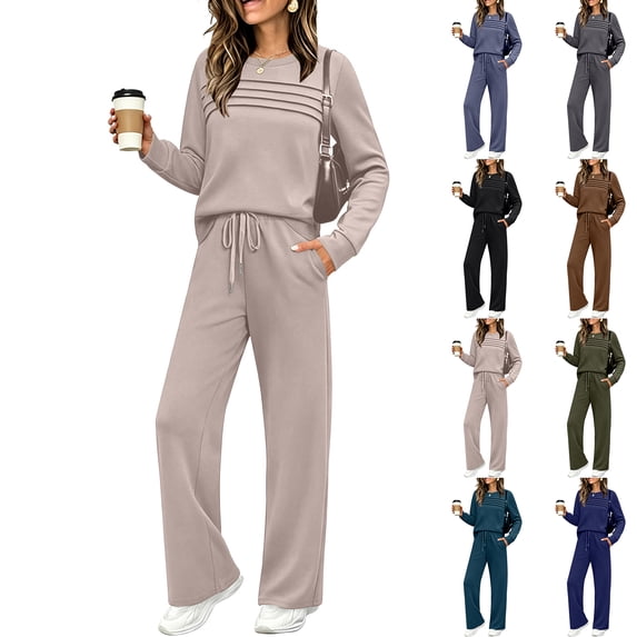Dweltoz Women's 2 Piece Lounge Sets Long Sleeve Pullover Sweatshirts Matching Wide Leg Pants 2026 Dressy Casual Travel Tracksuit Matching Sets,Coffee XL