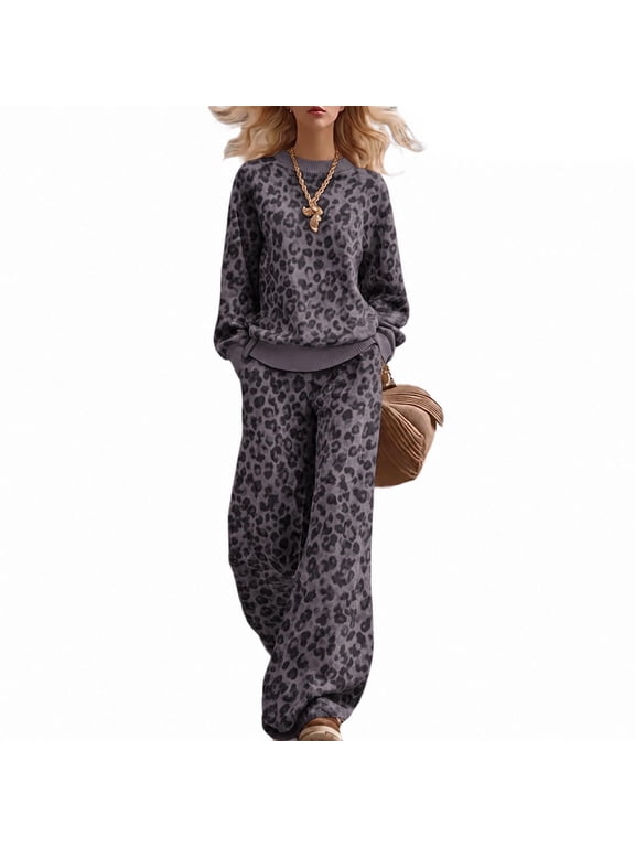 Women's 2 Piece Set Leopard Print Matching Lounge Sweatsuit Crew Neck Long Sleeve Sweatshirt and Wide Leg Sweatpants Fall Winter Outfits,Black M