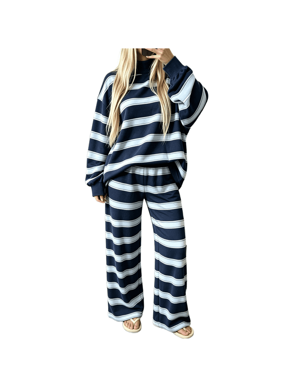 Women's 2 Piece Striped Lounge Set Mock Neck Long Sleeve Pullover Top and Wide Leg Pants Loose Fit Casual Fall Travel Outfit,Dark Blue M
