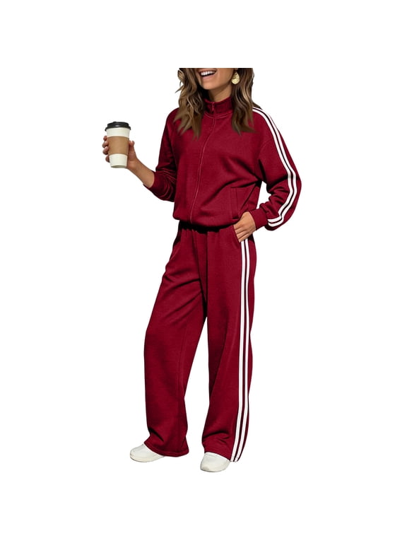 Women's 2 Piece Striped Tracksuit Set Zip Up Long Sleeve Track Jacket Wide Leg Pants with Pockets Casual Lounge Set,Deep Red M