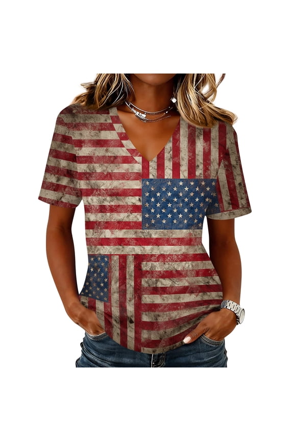 Women's American 250th Anniversary T-Shirt 4th Of July Patriotic Design Shirt V Neck Short-Sleeved American Flag Red White and Blue Independence Day Clothes,Watermelon Red XL