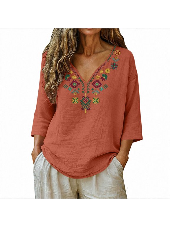 Women's Boho Embroidered Peasant Tops 3/4 Sleeve Bohemian Summer Ethnic Style Blouses V Neck Casual Tunic Shirts,Watermelon Red S