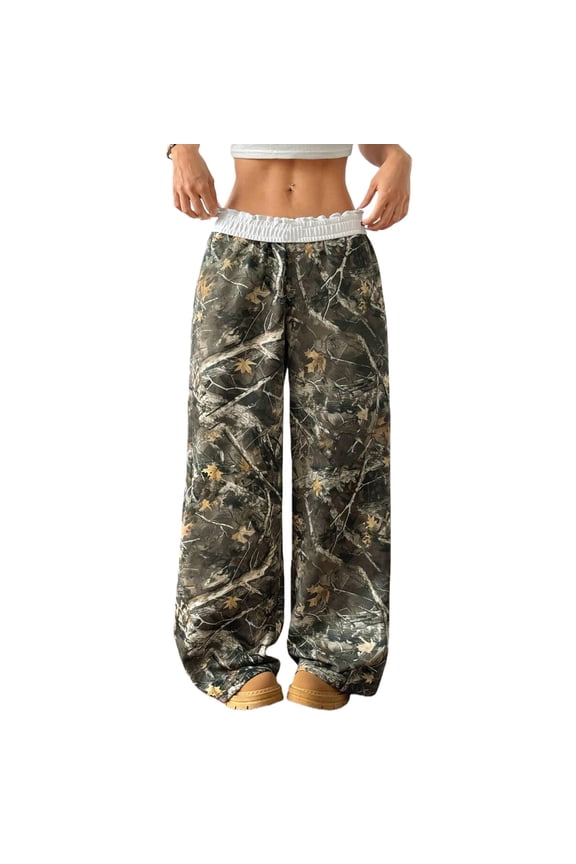 Women's Camo Maple Leaf Print Sweatpants Wide Leg Casual Joggers Camouflage Trendy Sweatpants Fall Spring Elastic Waist Loose Fit Trousers,Dark Green M