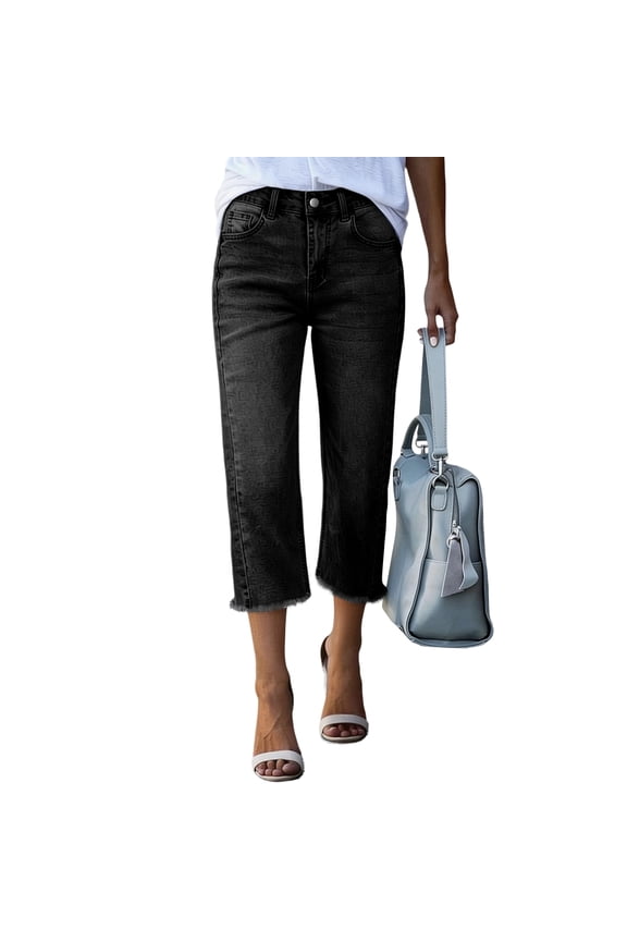 Women's Capri Jeans Wide Leg High Waisted Side Seam Stretchy Denim Jeans Pants Summer Trendy Streetwear Capris Pants with Pocket,Black M