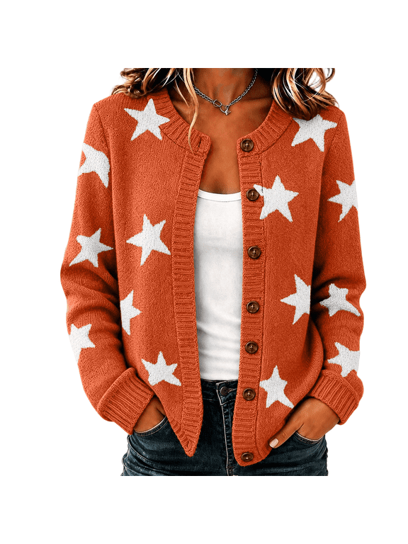 Women's Cardigan Sweaters Star Print Button Down Long Sleeve Cardigans Crop Open Front Knit Sweater Lightweight Fall Work Office Clothes,Saffron 2XL