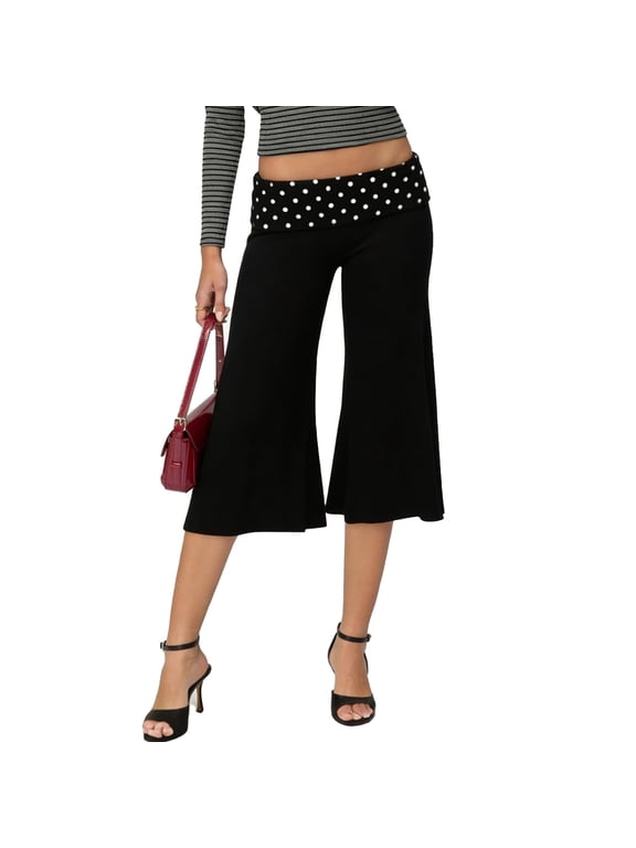 Women's Casual Wide Leg Cropped Pants Low Rise Fold Over Stretch Gaucho Pants for Summer Beach Holiday Streetwear,Black 2XL
