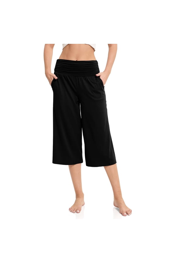Women's Casual Wide Leg Cropped Pants Low Rise Fold Over Stretch Gaucho Pants for Summer Beach Holiday Streetwear,Dark Gray S