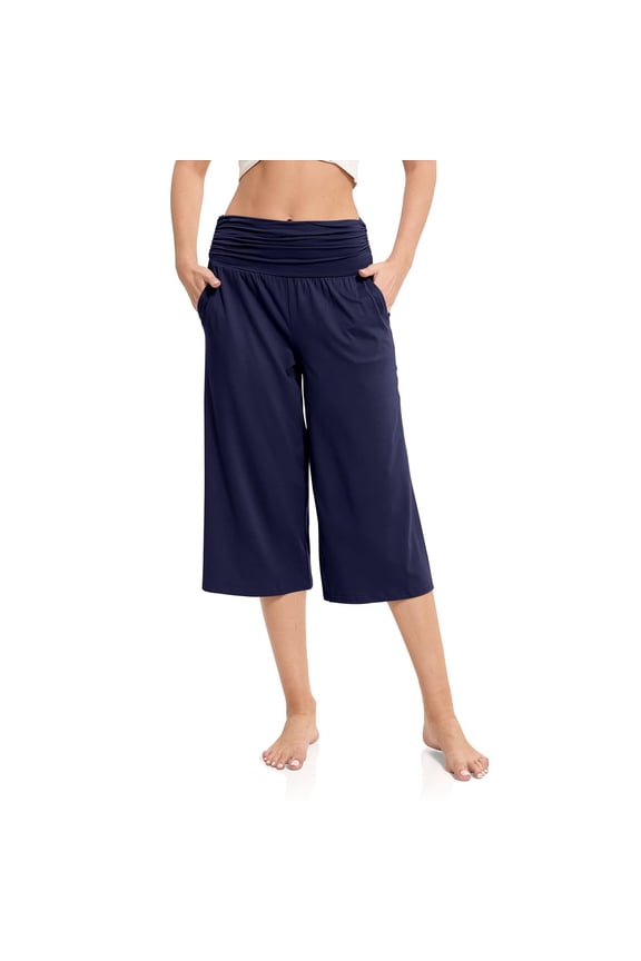 Women's Casual Wide Leg Cropped Pants Low Rise Fold Over Stretch Gaucho Pants for Summer Beach Holiday Streetwear,Navy S