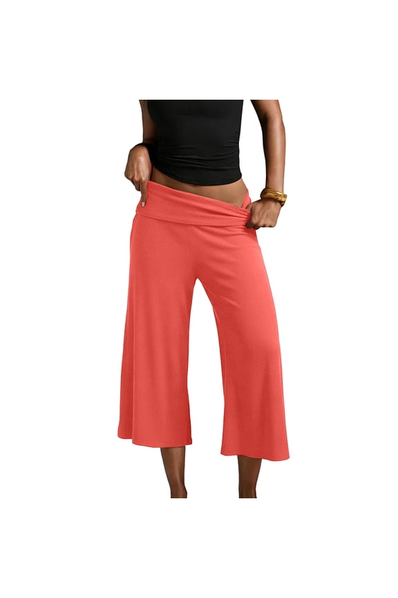Women's Casual Wide Leg Cropped Pants Low Rise Fold Over Stretch Gaucho Pants for Summer Beach Holiday Streetwear,Watermelon Red 2XL