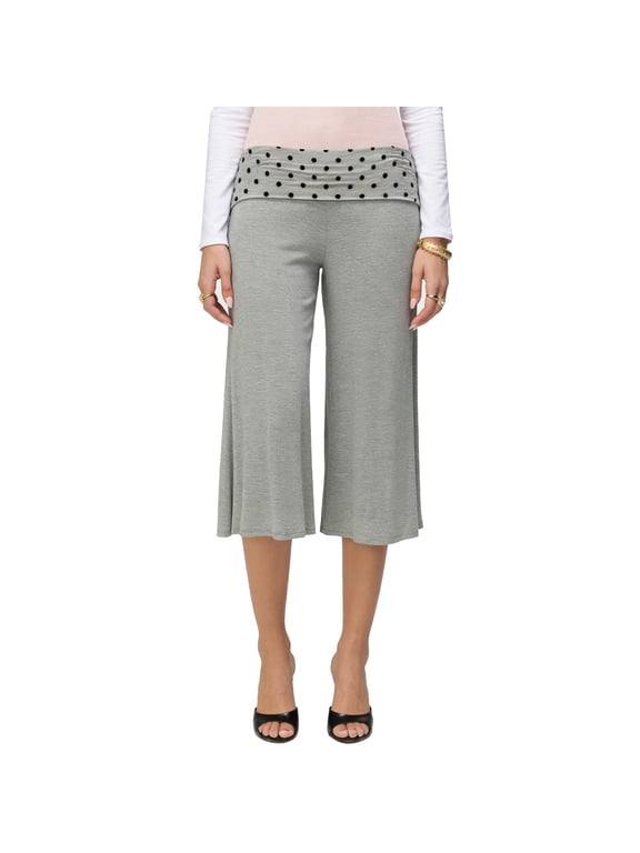 Women's Casual Wide Leg Cropped Pants Low Rise Fold Over Stretch Gaucho Pants for Summer Beach Holiday Streetwear,White L