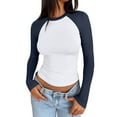 thumbnail image 1 of Dweltoz Women's Color Block Raglan Shirts Slim Fit Long Sleeve Top Crew Neck Basic Tee Casual Going Out Tops,Navy 2XL, 1 of 6